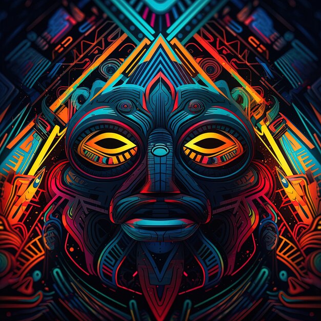 a colorful image of a mask with a face that says  god