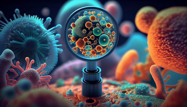 A colorful image of a microscope with a viruses, bacteria and microorganism