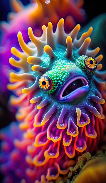 a colorful image of a monster with a purple face and orange eyes