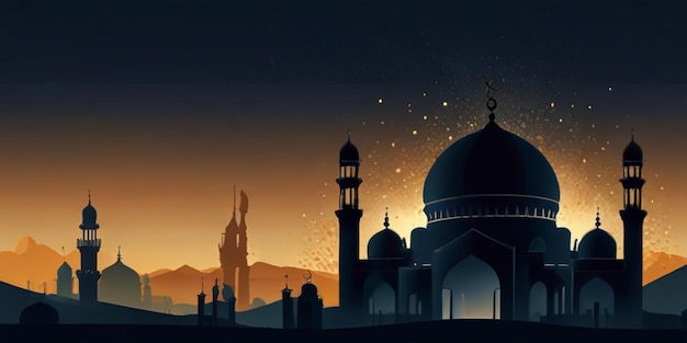 красочный образ мечети с заходом солнца на заднем плане