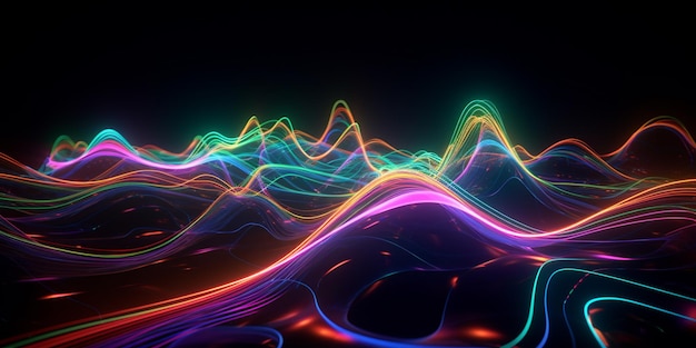 A colorful image of a mountain with a black background and a neon light.