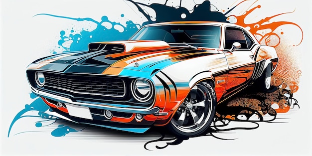 A colorful image of a muscle car