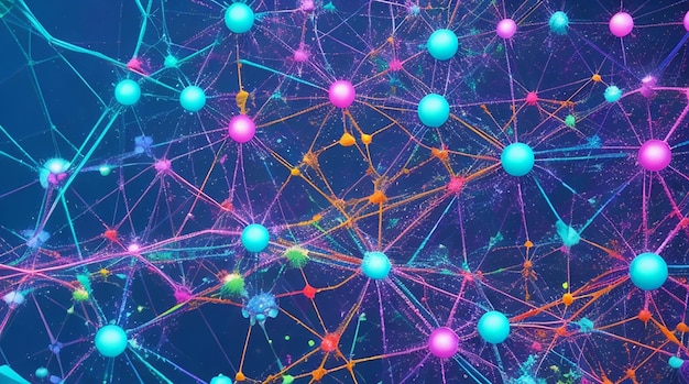 A colorful image of a network with a blue background