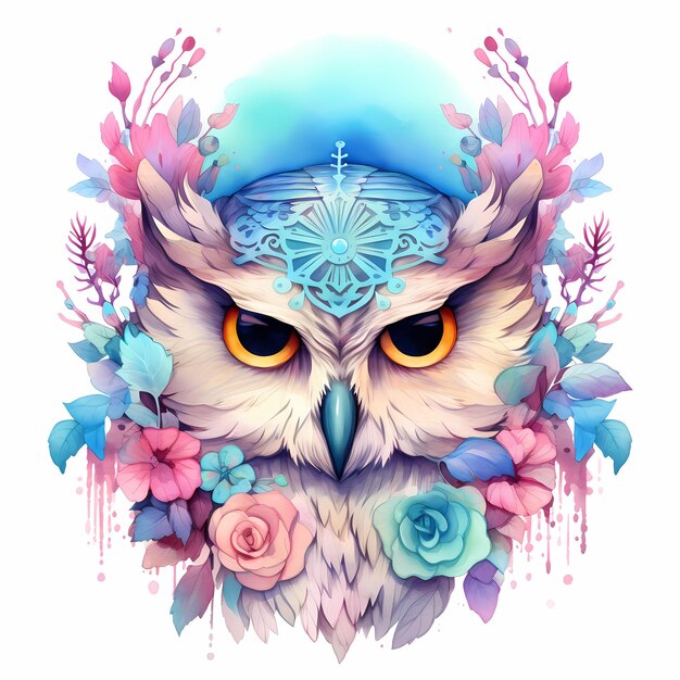 a colorful image of an owl with a blue headband and flowers