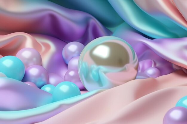 A colorful image of a pearl ball on a pink cloth