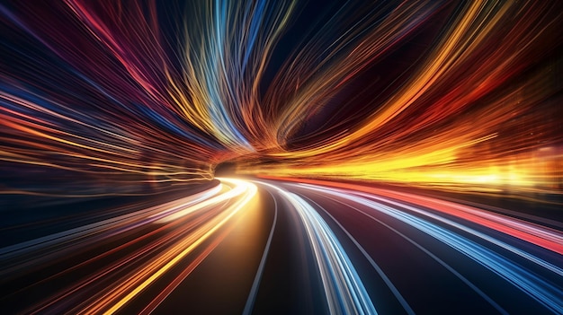 A colorful image of a road with lights on it