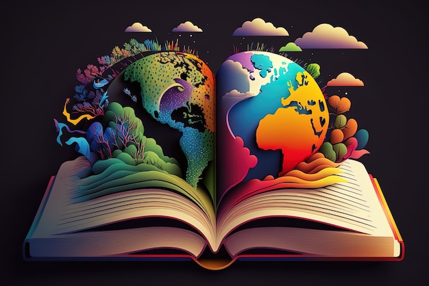 Foto un'immagine colorata sovrapposta alle pagine di un libro aperto su uno sfondo nero