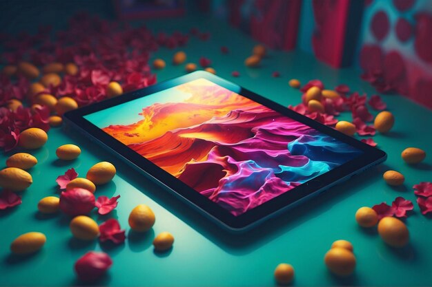 Foto immagine colorata di un tablet su un tavolo