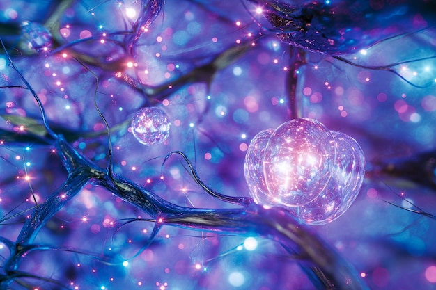 A colorful image of a tree with many glowing orbs