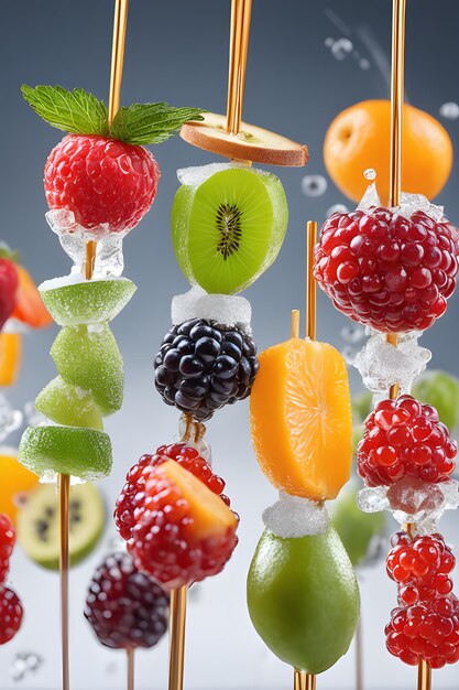 A colorful image of various fruits on skewers with sugar syrup miki macro photography