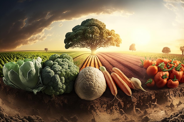 A colorful image of vegetables on a field with a tree in the background.