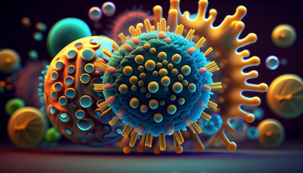 A colorful image of a virus and a bacteria