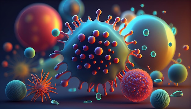 A colorful image of a virus and a bacteria