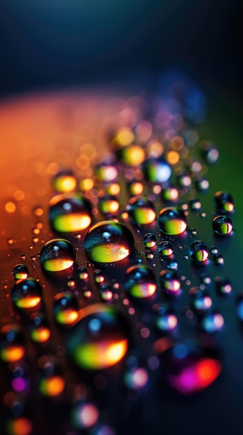 A colorful image of water drops on a black surface