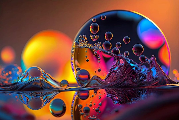 A colorful image of water drops on a surface.