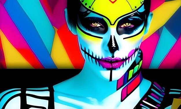 A colorful image of a woman with a skull and crossbones.