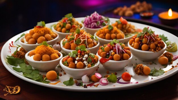 사진 스타일리시한 레스토랑 테이블을 배경으로 세워진 다채로운 인도 차트 맛있는 음식