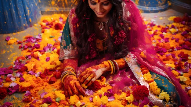 Foto una colorata festa indiana di holi con fiori e polveri colorate