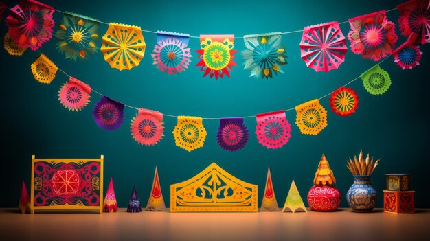 Photo colorful indian pop culture garland on blue background