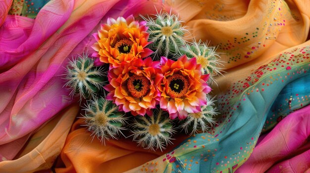 Colorful Indian textiles with cactus and blooming orange flowers