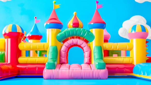 Colorful inflatable castle against blue sky