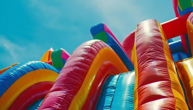 A colorful inflatable slide with a blue bottom