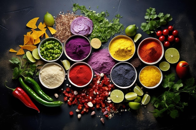 Colorful ingredients for nachos laid out neatly