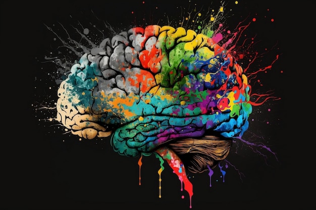 Colorful ink art of the human brain representing happiness and mental health Generative AI