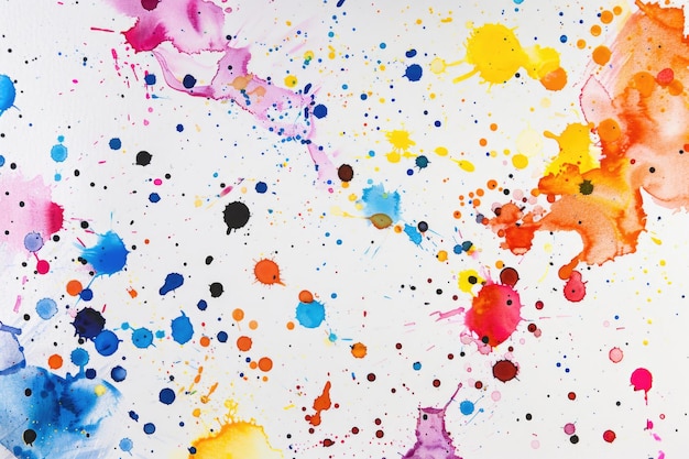 Photo colorful ink splashes and paint splatters on bright material