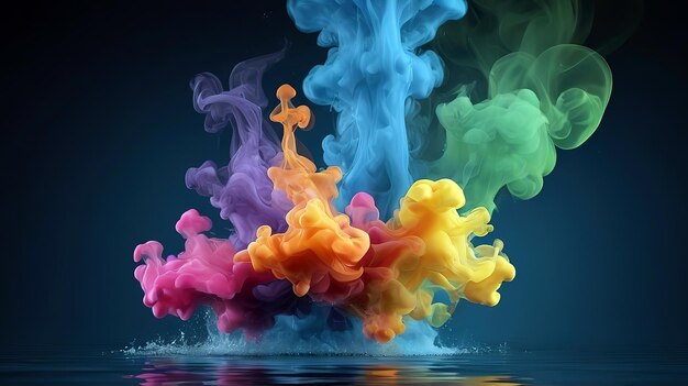 Colorful ink splashes in water on dark background