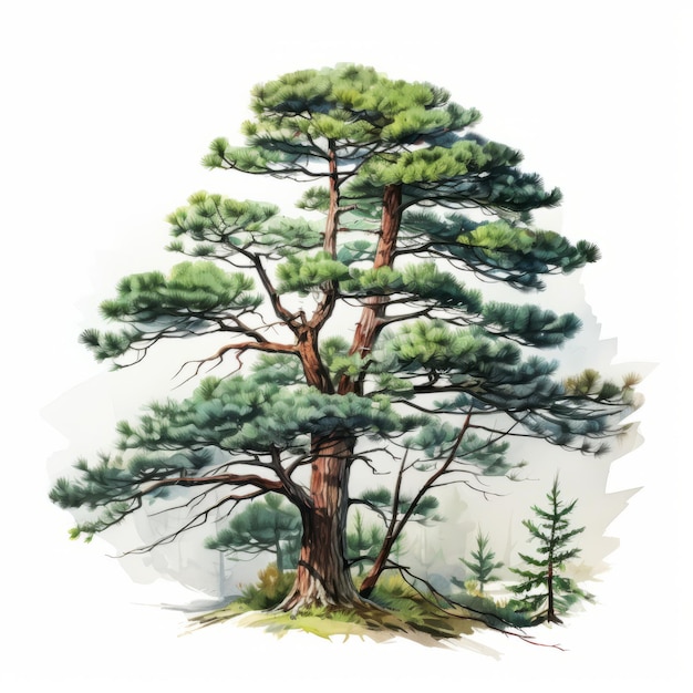 a colorful ink wash painting of a pine tree on a white background, reminiscent of historical illustrations and scientific illustrations. the highly stylized figures and grandeur of scale add a unique