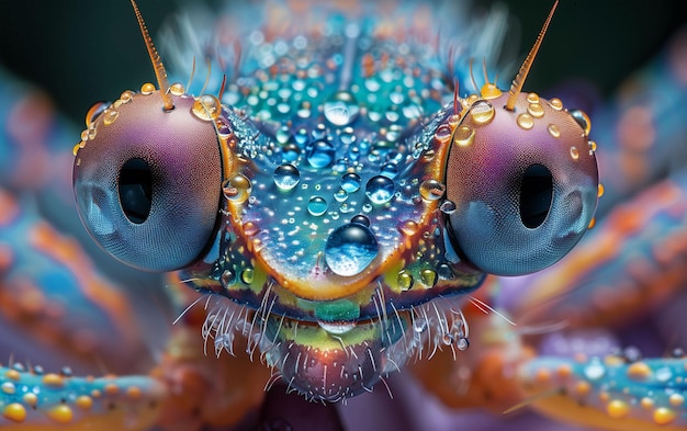 Foto insetto colorato con gocce d'acqua sulla faccia ai generativa