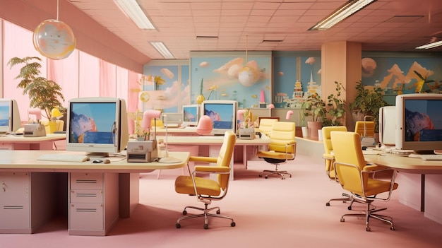 아름다운 가구 와 배열 을 가진 사무실 의 다채로운 내부 모습