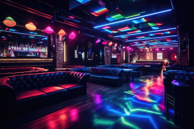 colorful interior of bright and beautiful night club with black leather sofa colorful interior of bright and beautiful night club with dark seats and glowing lights AI Generated