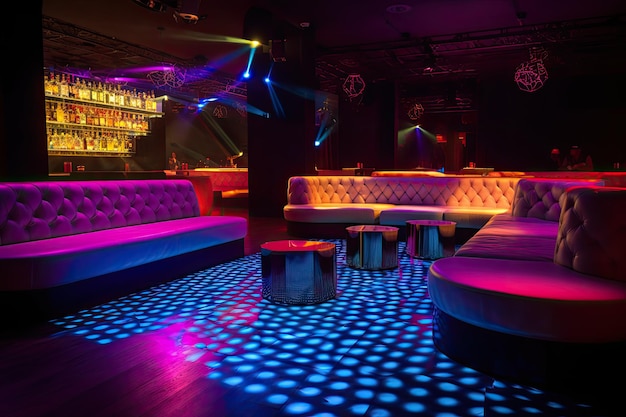 Photo colorful interior of bright and beautiful night club with dark seats and glowing lights a decorated night club with stylish couches and colorful cocktail tables ai generated