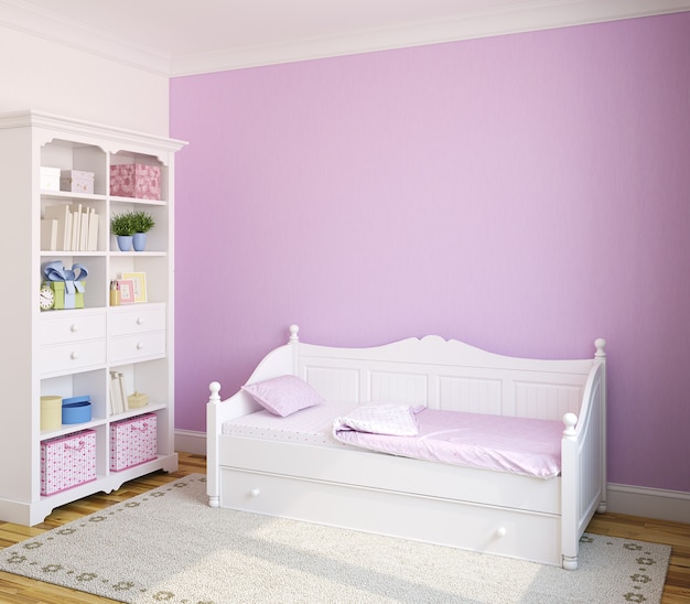 Красочный интерьер комнаты малыша с белой мебелью и фиолетовой стеной. 3D визуализация.
