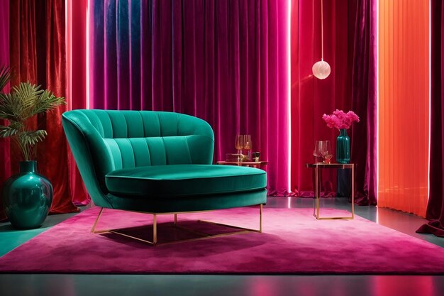 Colorful interiour living room design velvet neon color luxery