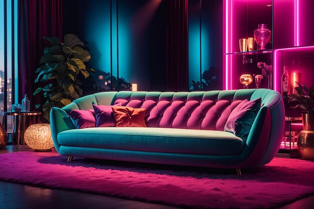 Colorful interiour living room design velvet neon color luxery