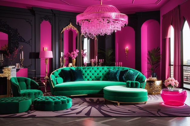 Photo colorful interiour living room design velvet neon color luxery