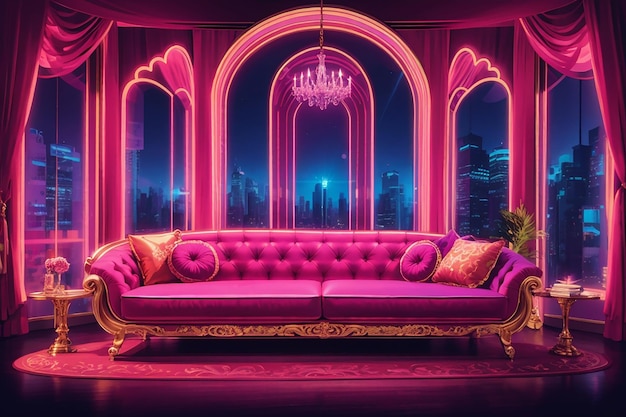 Красочный интерьер гостиной дизайн бархатный неоновый цвет роскошь