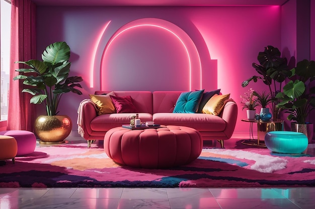 Colorful interiour living room design velvet neon color luxery