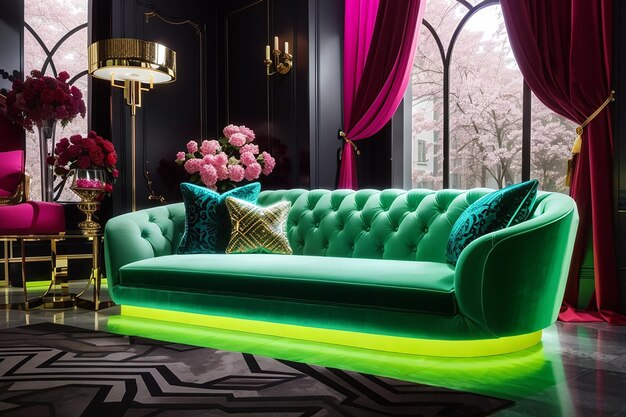 Colorful interiour living room design velvet neon color luxery