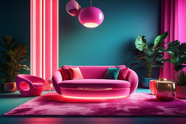 Photo colorful interiour living room design velvet neon color luxery