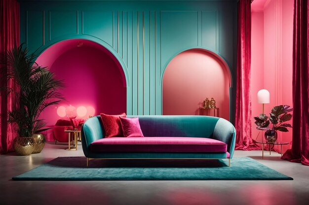 Photo colorful interiour living room design velvet neon color luxery