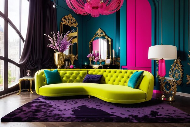 Colorful interiour living room design velvet neon color luxery