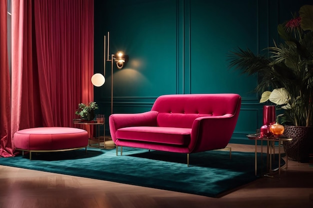 Colorful interiour living room design velvet neon color luxery