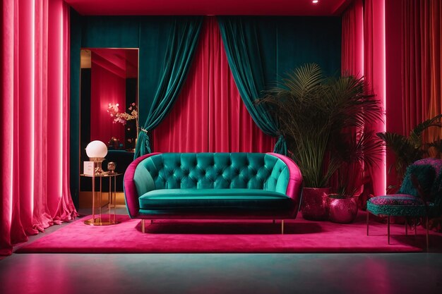 Photo colorful interiour living room design velvet neon color luxery