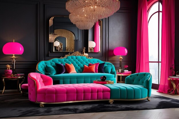 Photo colorful interiour living room design velvet neon color luxery