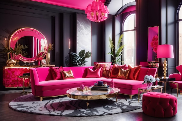 Colorful interiour living room design velvet neon color luxery