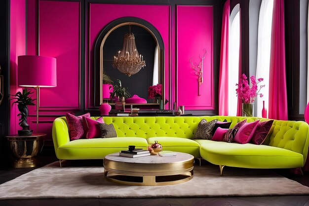 Colorful interiour living room design velvet neon color luxery